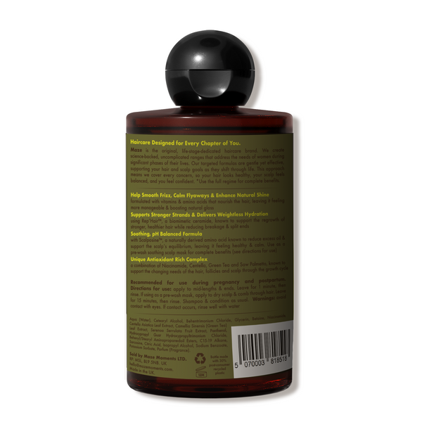 Back label of a Maze conditioner - bottle with text and a barcode on a white background
