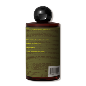 Back label of a Maze Shampoo - bottle with text and a barcode on a white background
