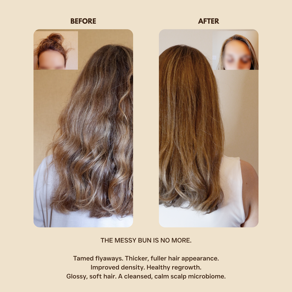 Before and after comparison of using Maze products with a focus on a messy bun transformation.