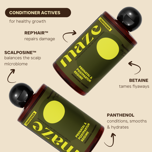 Maze conditioner bottles with active ingredients listed on a beige background