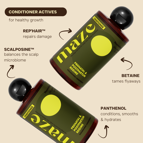 Maze conditioner bottles with active ingredients listed on a beige background