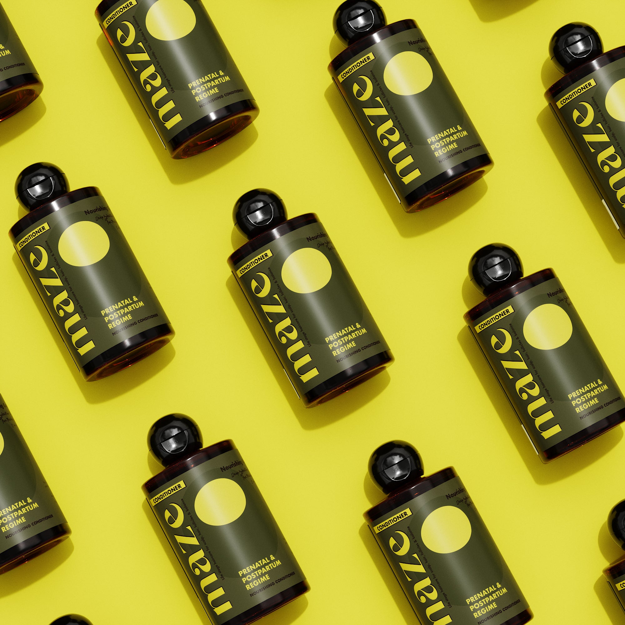 Multiple bottles of Maze Conditioner on a yellow background