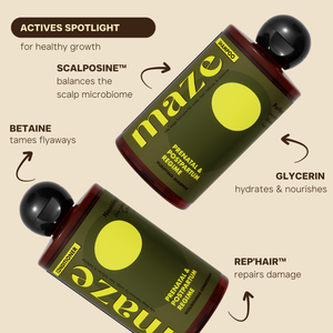 Maze shampoo & conditioner bottles with active ingredients highlighted on a beige background