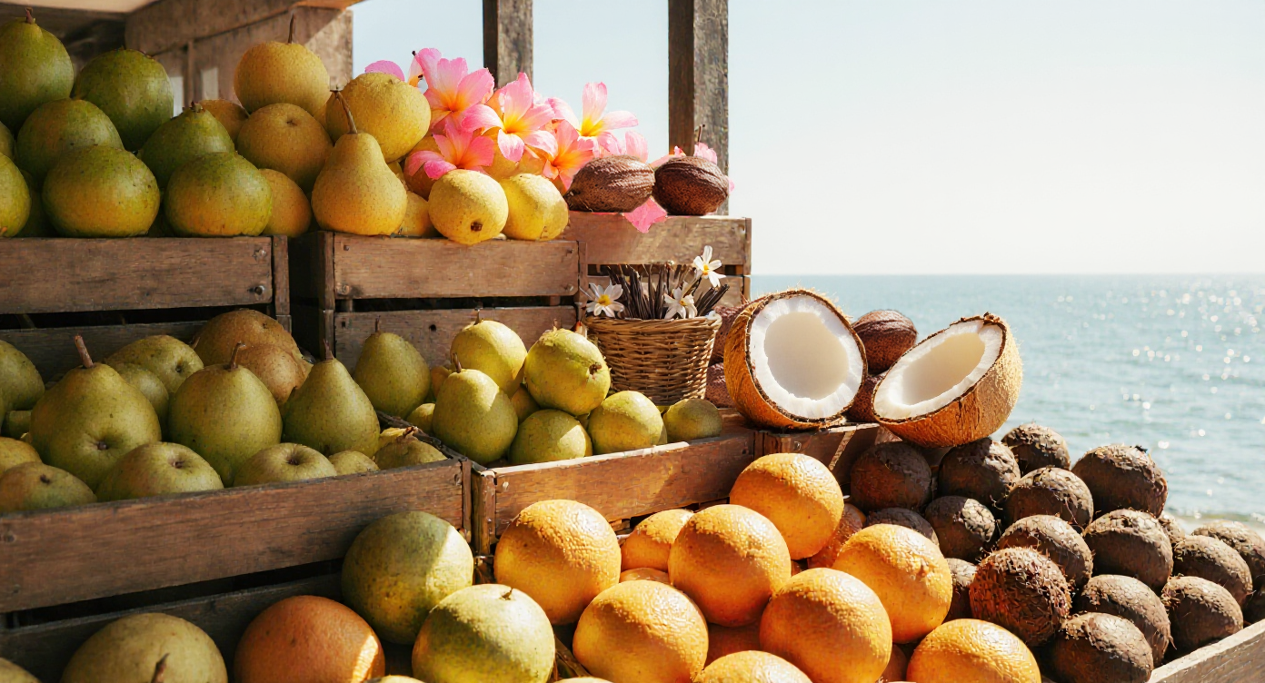 Assorted fruits including apples, oranges, and coconuts displayed outdoors with a clear sky.