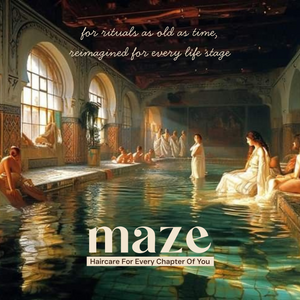 Vintage-style scene with people in a pool, overlaid with 'maze' haircare branding.