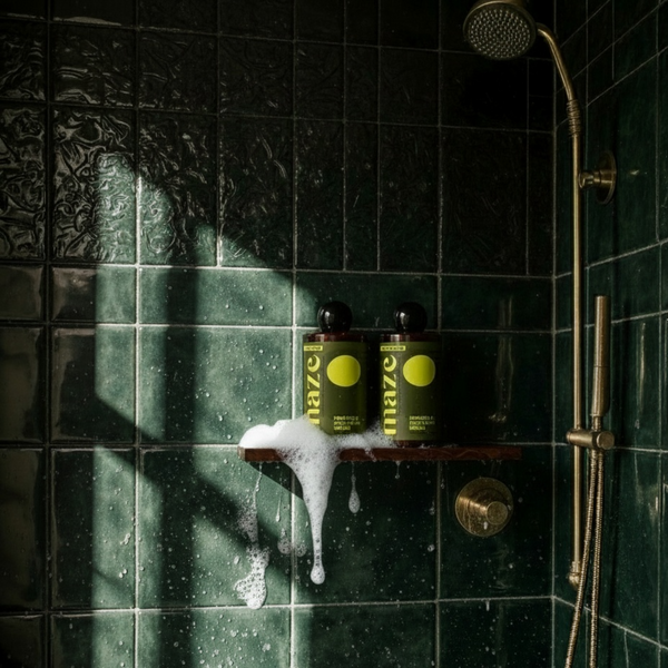 Two bottles of Maze products on a shelf in green tiled shower