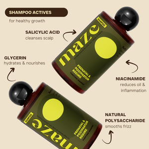 Two bottles of Maze shampoo with active ingredients highlighted on a beige background
