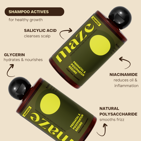 Two bottles of Maze shampoo with active ingredients highlighted on a beige background