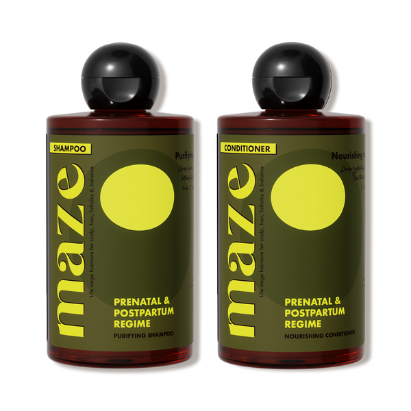 Two bottles of Maze shampoo and conditioner on a white background