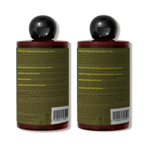 Two bottles with black caps and green labels on a white background showing back of labels