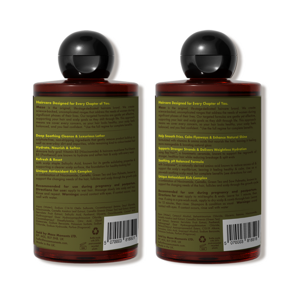 Two bottles with black caps and green labels on a white background showing back of labels