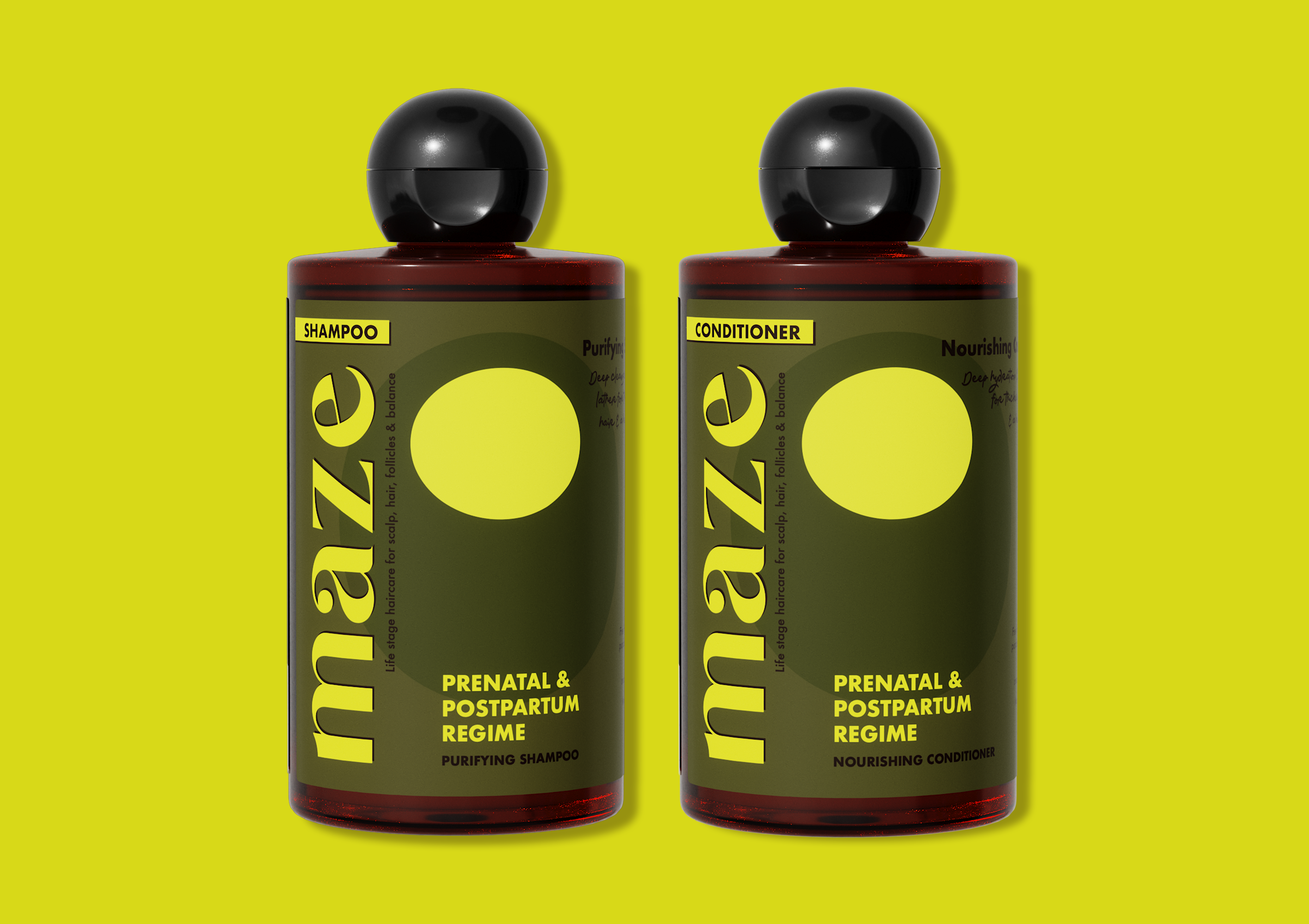 Two bottles of Maze shampoo and conditioner on a yellow background